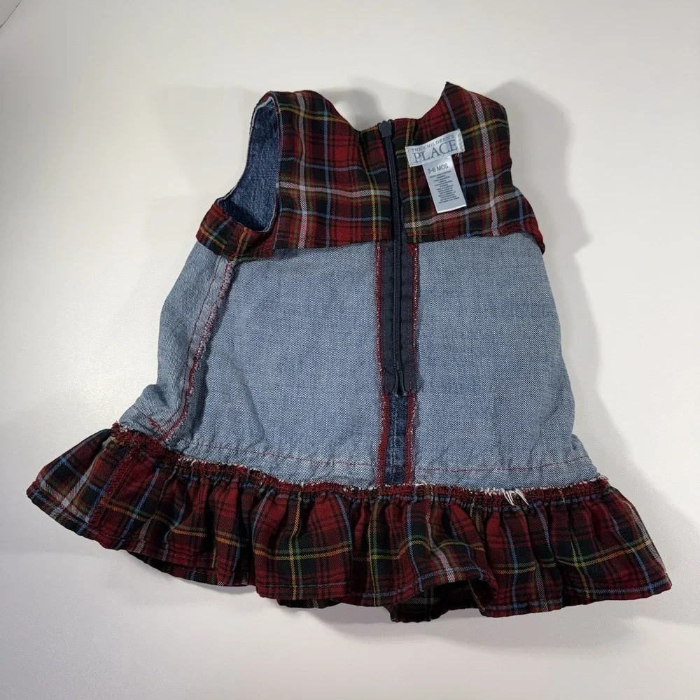 The Children's Place 3-6 Month Denim‎ Jumper Red Plaid Ruffles Fall Christmas